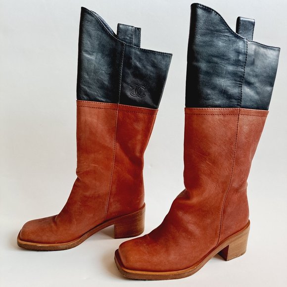 Chanel Brown Black Leather Boots Size 36.5 - Picture 1 of 16